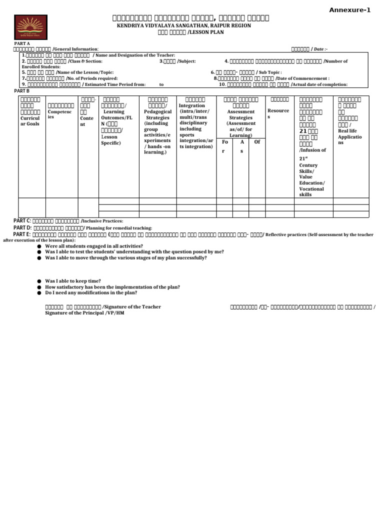 Lesson Plan for Kendriya Vidyalaya PDF Lesson Plan Teachers
