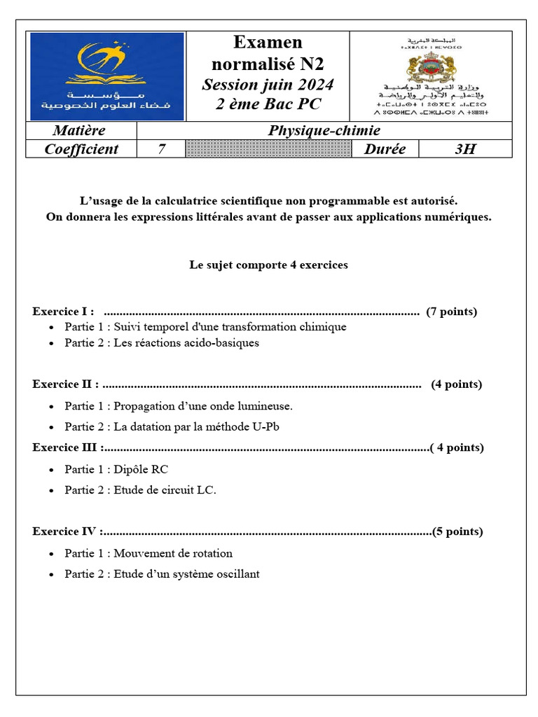 Examen blanc Physique 2 Bac PC 2024 | PDF | Radioactivité | Ph
