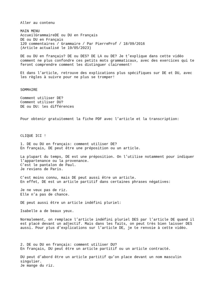 Utiliser DE et DU en français | PDF | Phrase | Nombre grammatical