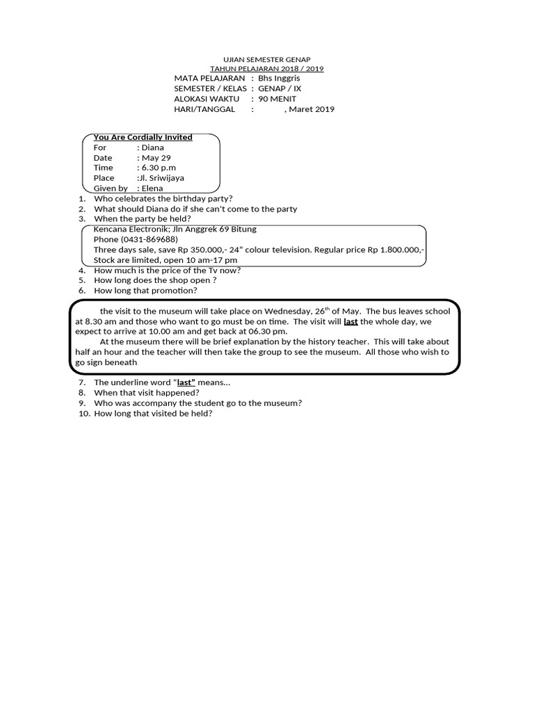 UJIAN SEMESTER GENAP 10 No | PDF