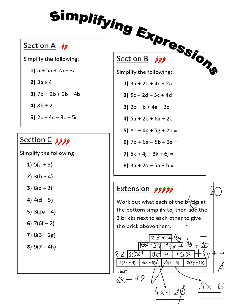 Simplifying Expressions Worksheet PDF