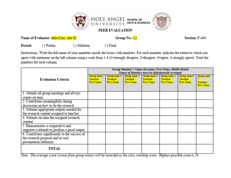 Peer Evaluation Form for Group Projects | PDF