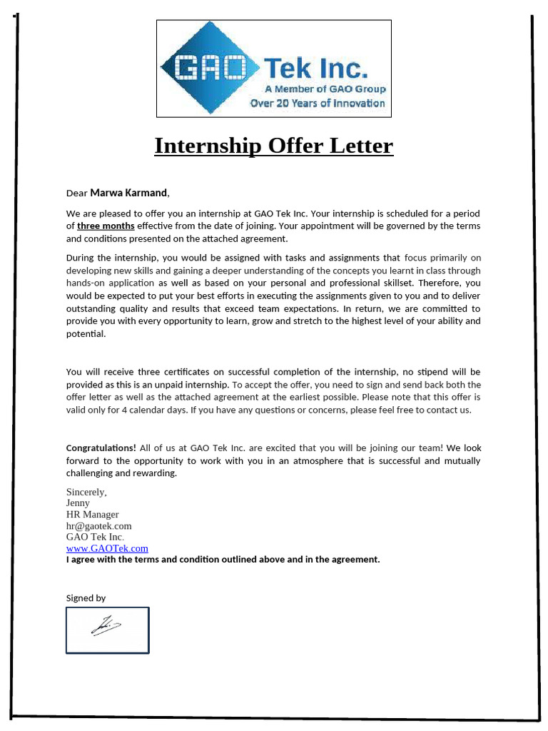 Unpaid Internship Offer Letter | PDF | Career & Growth | Business