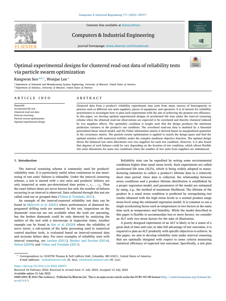 Optimal Experimental Designs For Clustered Read-Out Data of Reliability ...