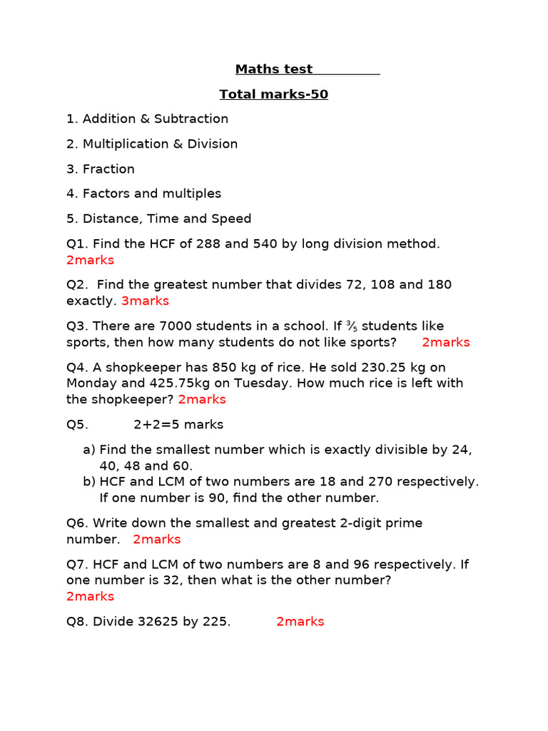 Comprehensive Maths Test 50 Marks | PDF | Mathematics | Arithmetic