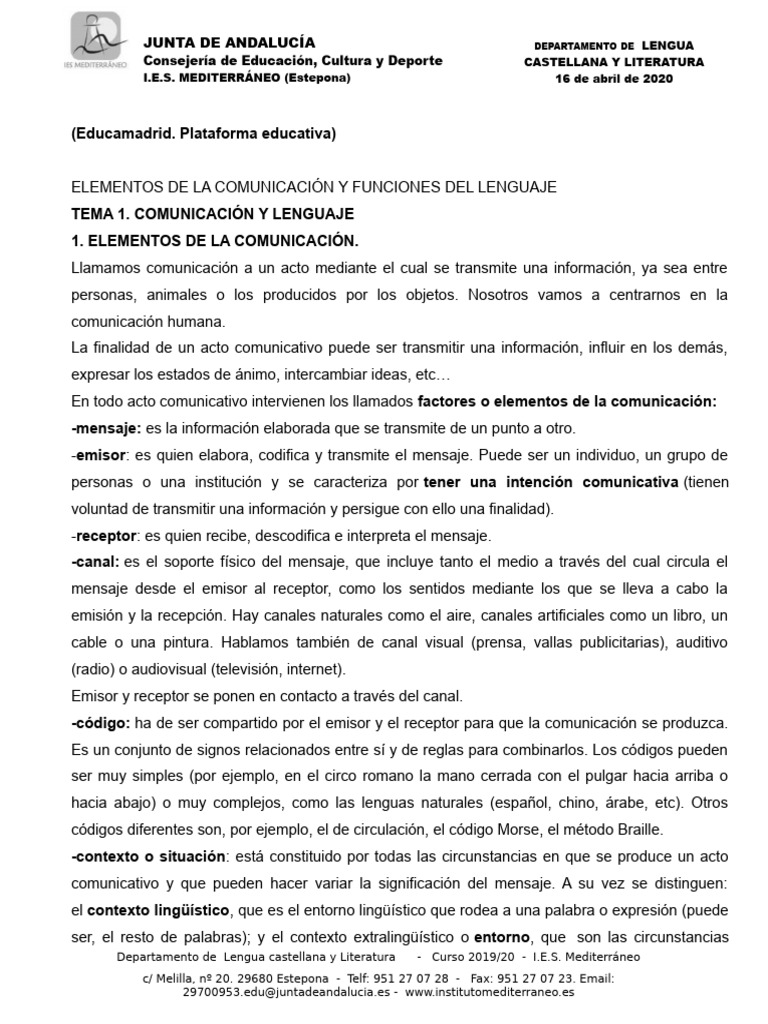 Elementos de La Comunicación y Funciones Del Lenguaje | PDF ...