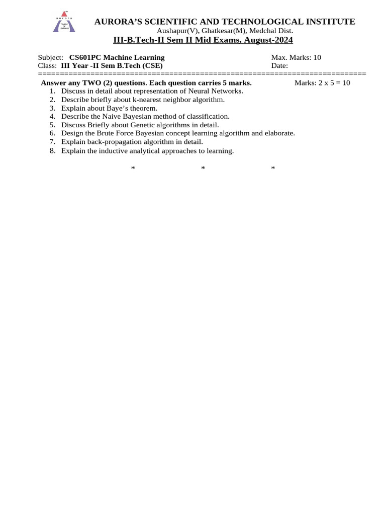 Iii-Ii Cse - ML Mid 2 - Des | PDF | Computers