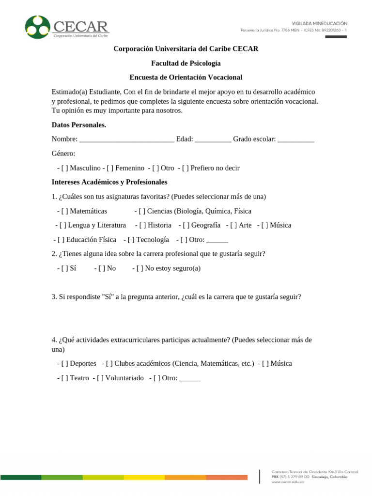 Encuesta de Orientación Vocacional CECAR | PDF | Crecimiento personal y ...