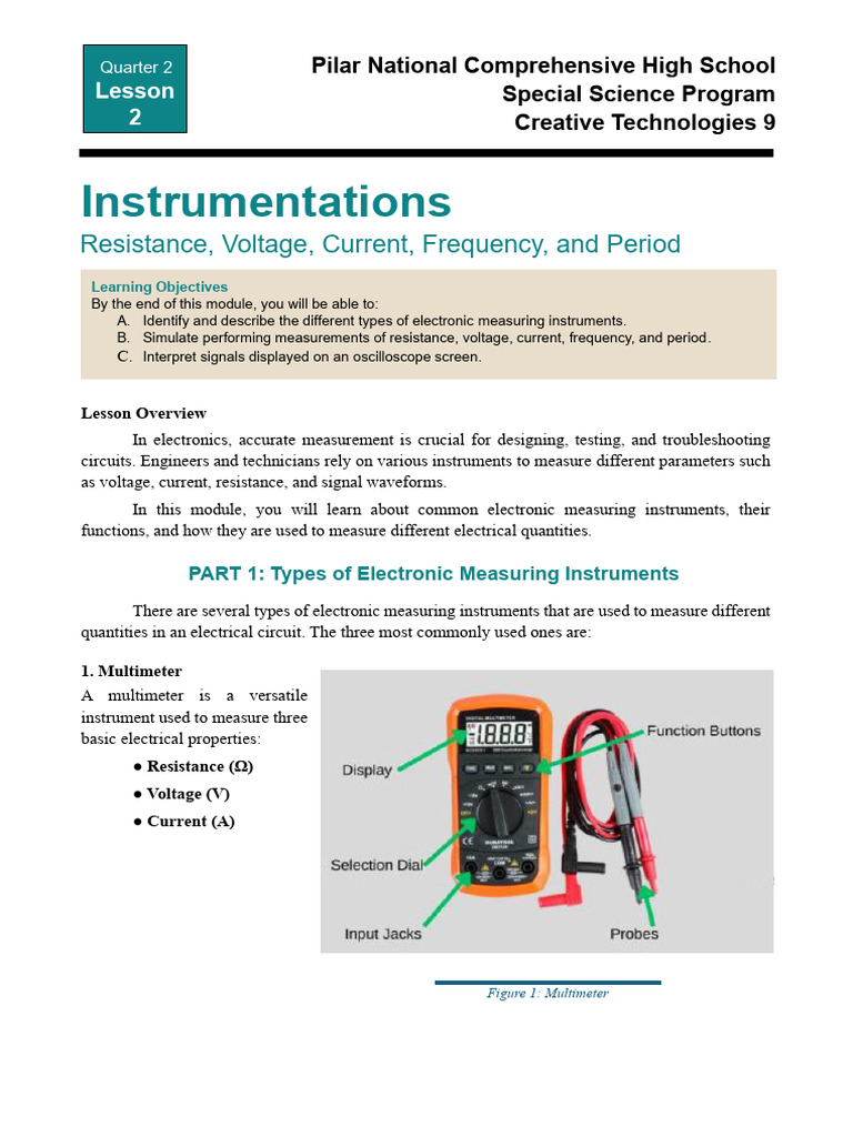 Quarter 2 Lesson 2 Instrumentations in Electronics | PDF | Voltage ...