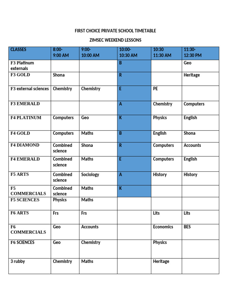 First Choice Private School Timetable | PDF