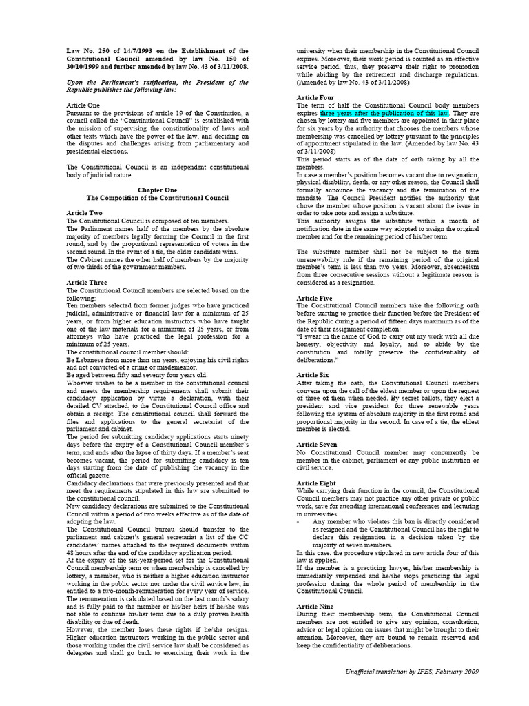 Lebanon Law On Constititional Council - IFES - 2008 | PDF | Presidents ...