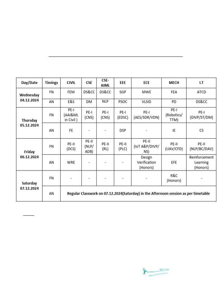 B.E. VI Semester Internal Test Timetable 2024 | PDF | Technology ...