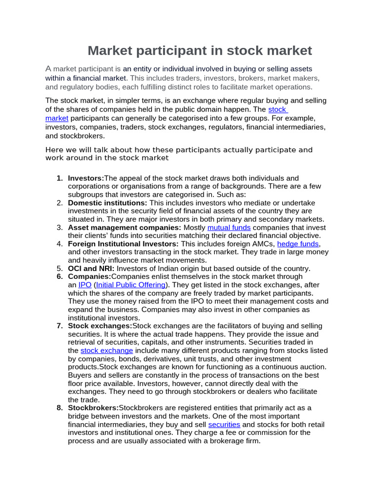 Market Participant in Stock Market | PDF | Stocks | Securities (Finance)