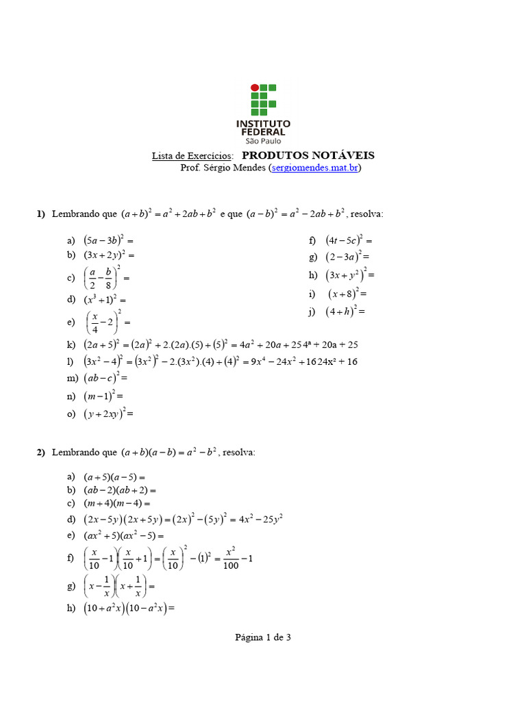 Ejercicios de Productos Notables | PDF