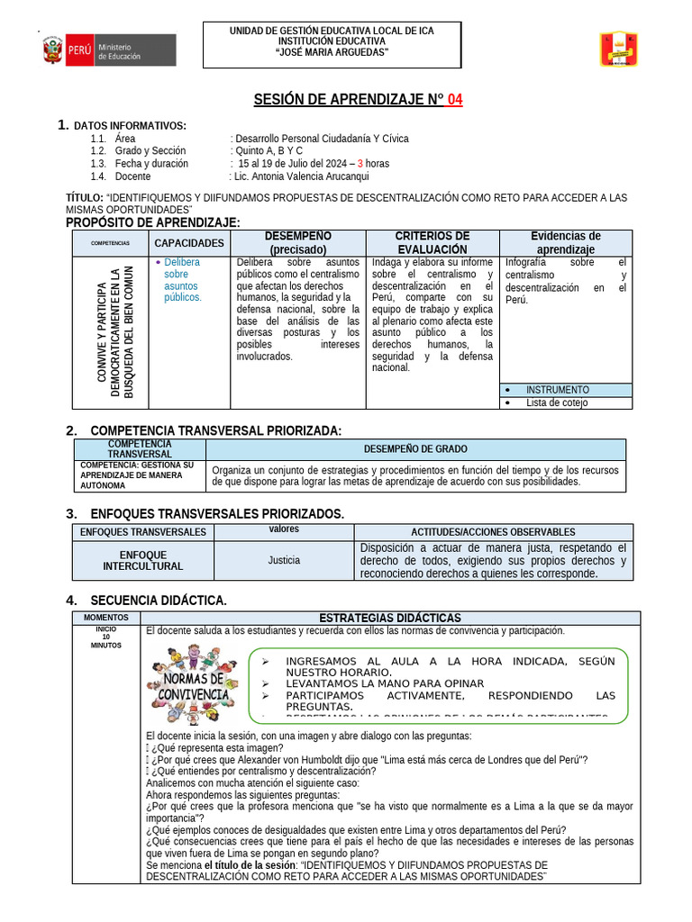 Sesión de Aprendizaje N4 5° U4 | PDF | Aprendizaje | Evaluación