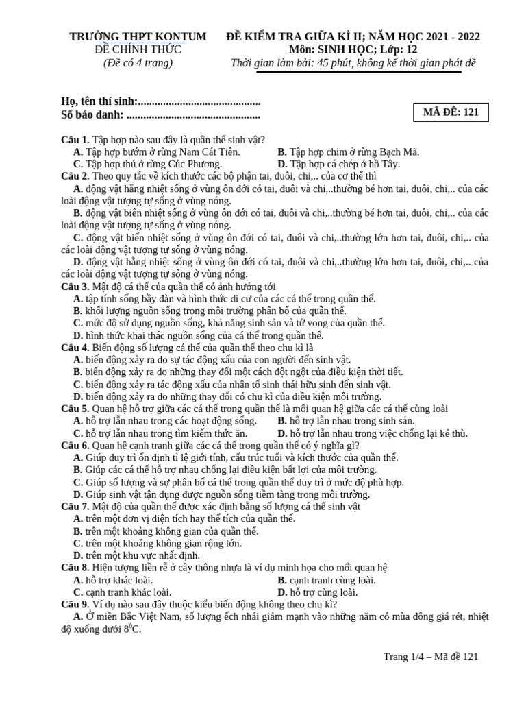 MÃ ĐỀ 121 GIỮA KÌ | PDF