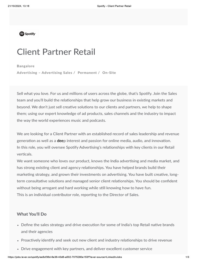 Spotify Client Partner Retail Role | PDF | Spotify | Advertising