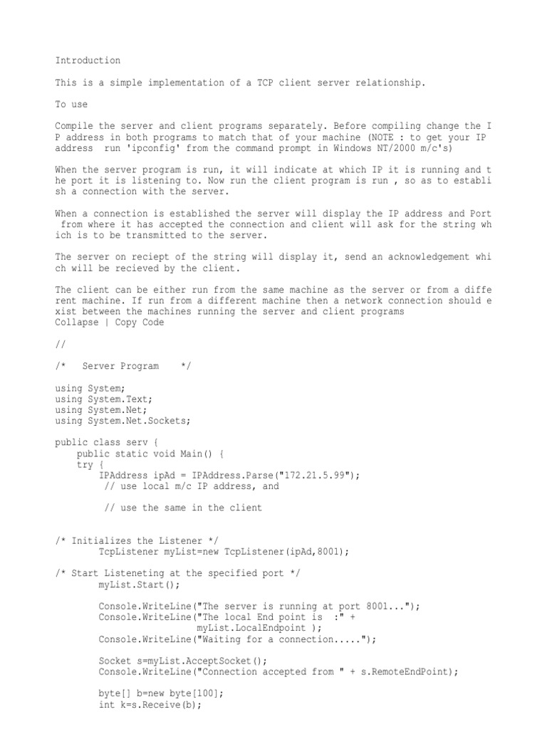 A Simple TCP Client Server Program in C# | PDF | Port (Computer ...