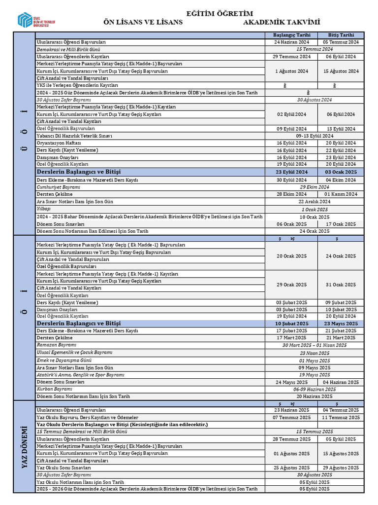 2024 2025 SBTU Akademik Takvim 06.06.2024 | PDF