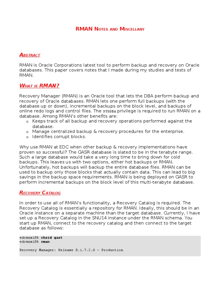 Rman Notes | PDF | Oracle Database | Backup