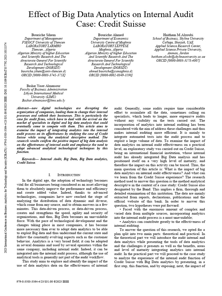 Effect of Big Data Analytics On Internal Audit Case Credit Suisse | PDF ...