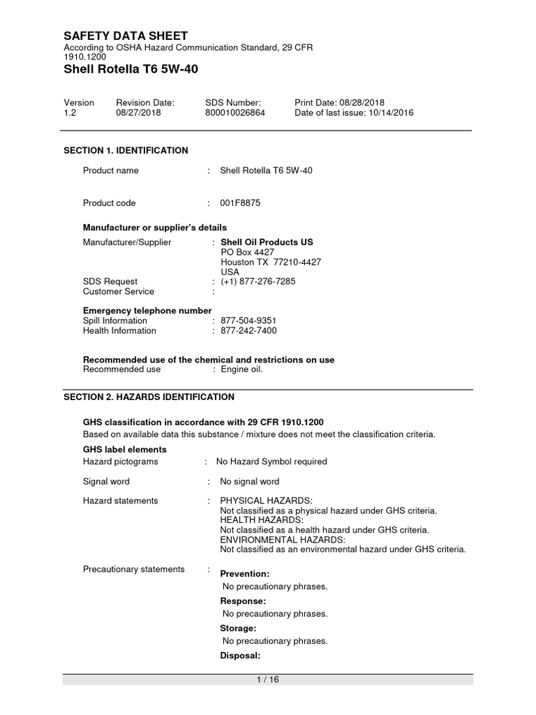 Shell Rotella T6 5W-40 Safety Data Sheet | PDF | Occupational Safety ...