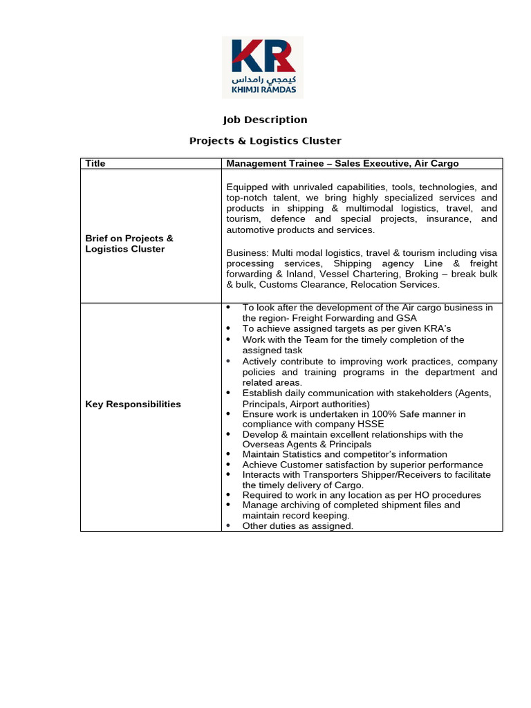 JD - Management Trainee - Sales Executive - Air Cargo | PDF | Cargo ...