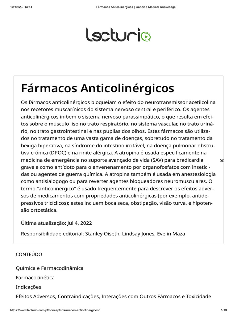 Fármacos Anticolinérgicos: Uso e Efeitos | PDF | Drogas | Drogas que ...