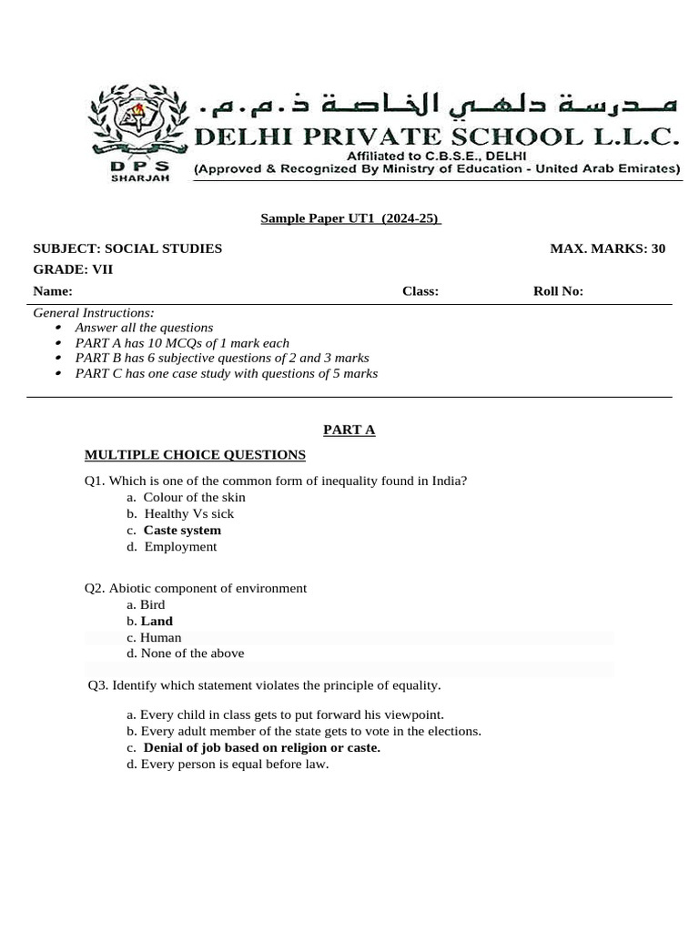 GR-7 UT1 AK Sample Paper 2024-25 | PDF | Suffrage | Discrimination
