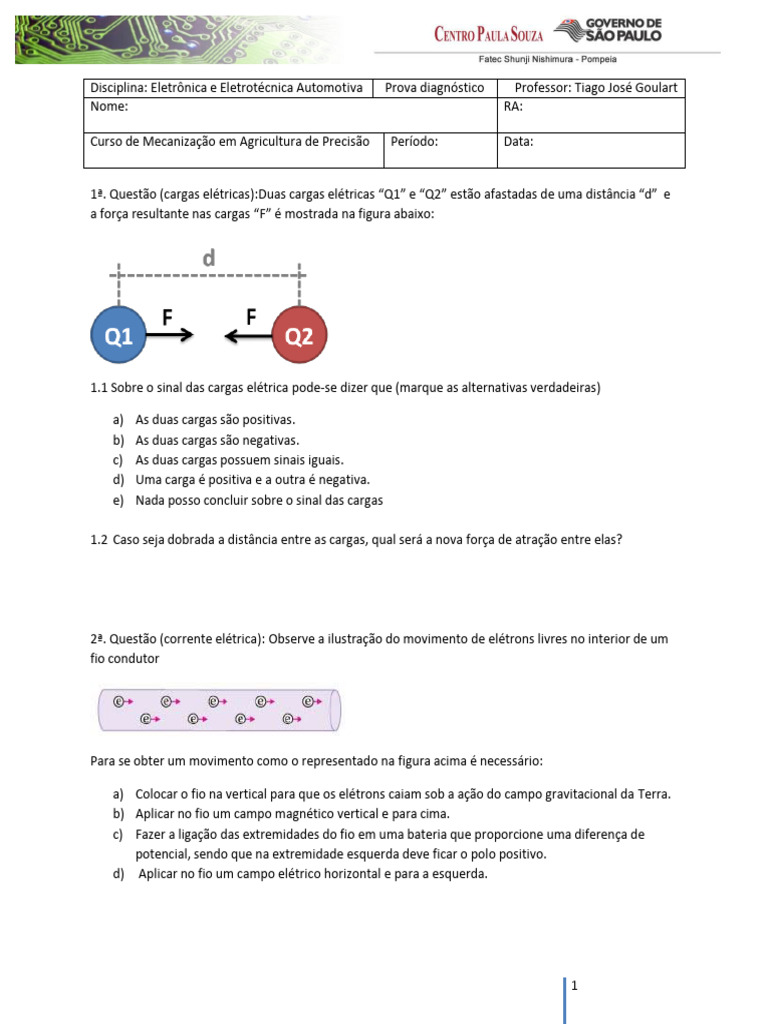 Prova Diagnostico | PDF | Corrente elétrica | Eletricidade