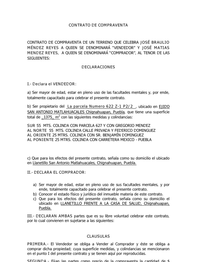 Contrato de Compraventa Terreno Parcela