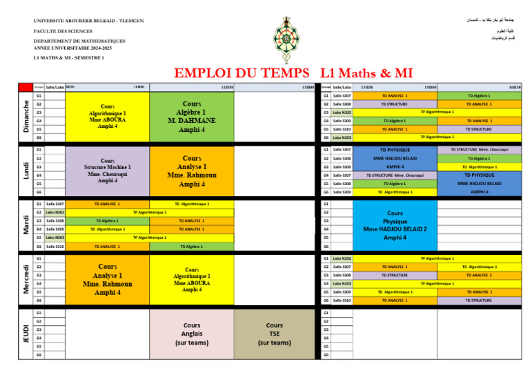 Emploi Du Temps L1 Maths 20242025 PDF Mathématiques — free download
