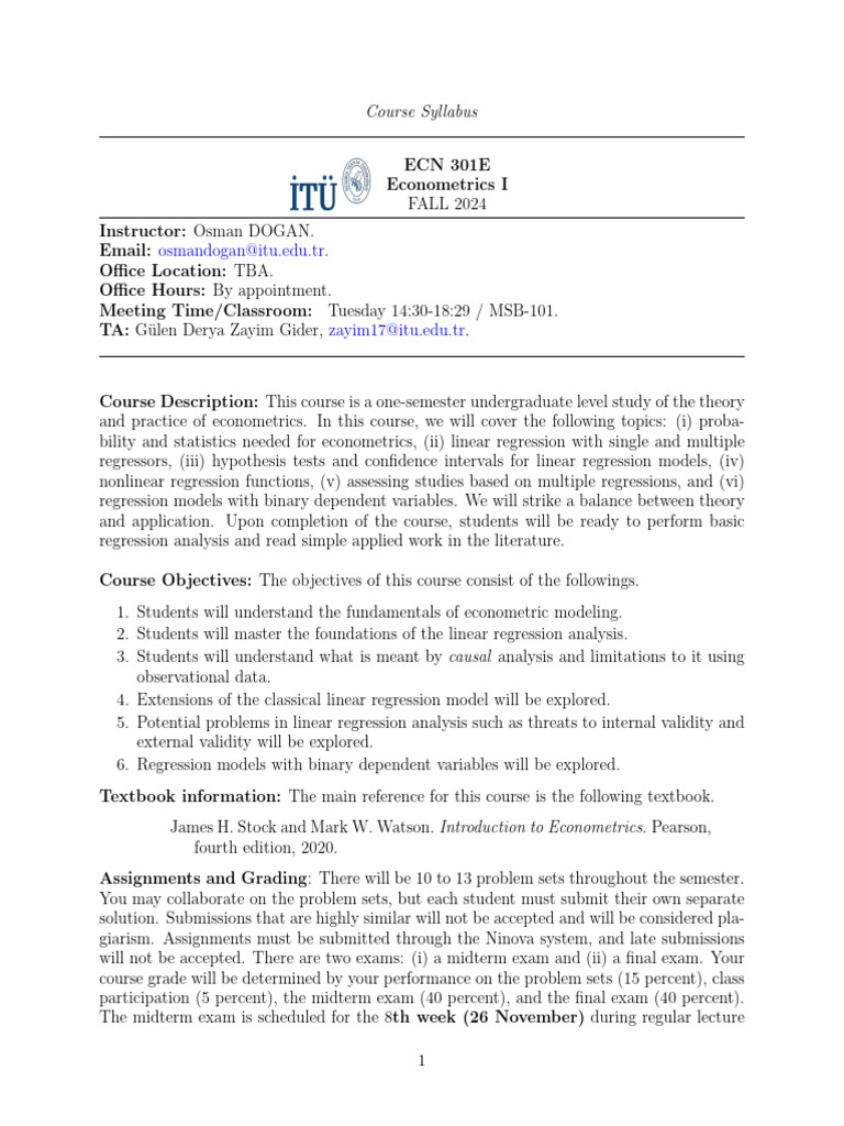 Econometrics I Course Syllabus 2024 | PDF | Regression Analysis ...