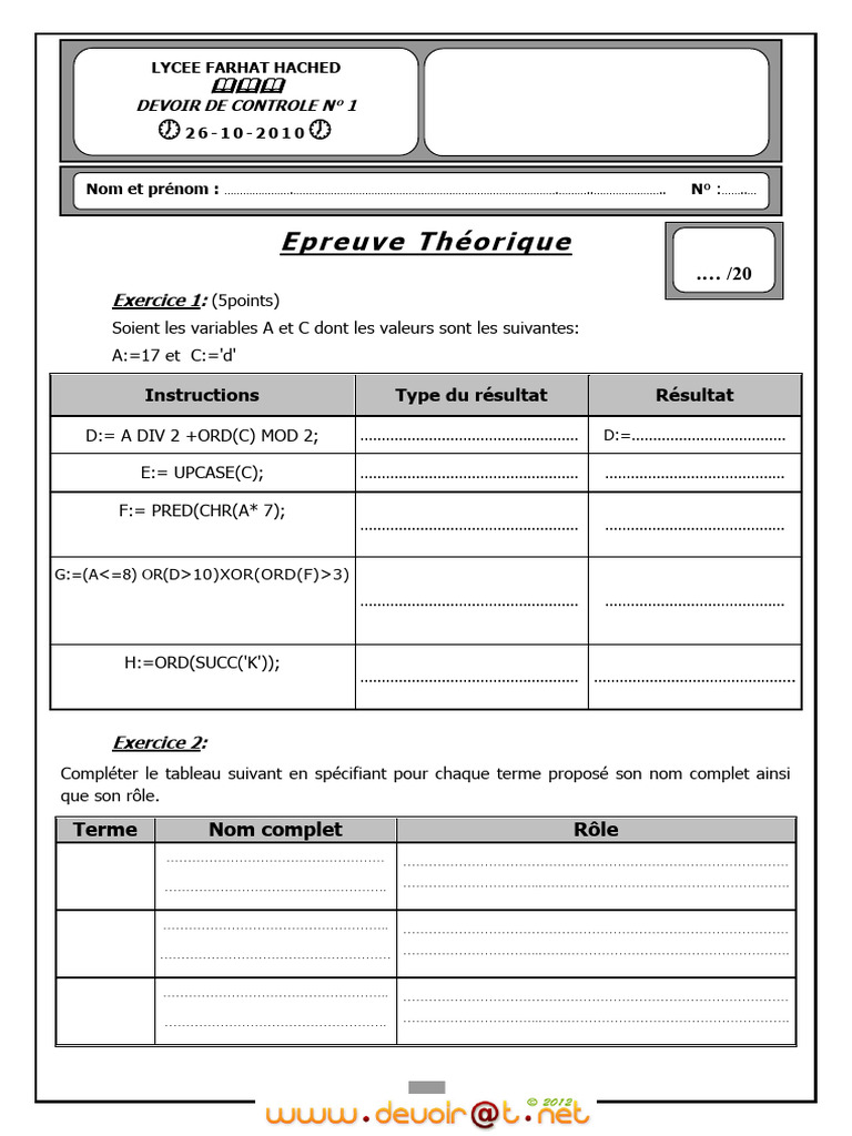Devoir de contrôle en informatique TI 2011 | PDF | Ingénierie ...