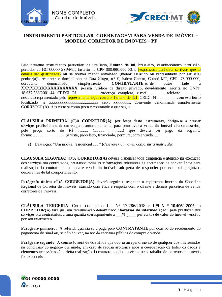 Modelo de Contrato de Corretagem | PDF | Direito Comercial | Direito ...