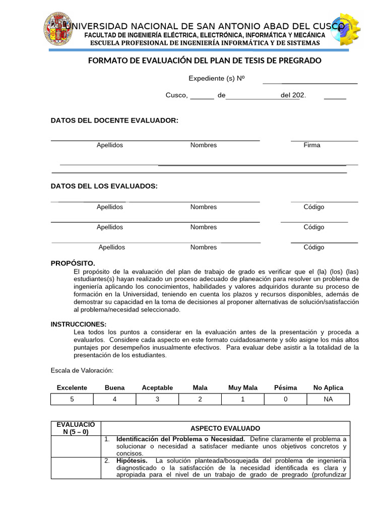 Formato Evaluación Plan de Tesis | PDF | Ingeniería | Evaluación
