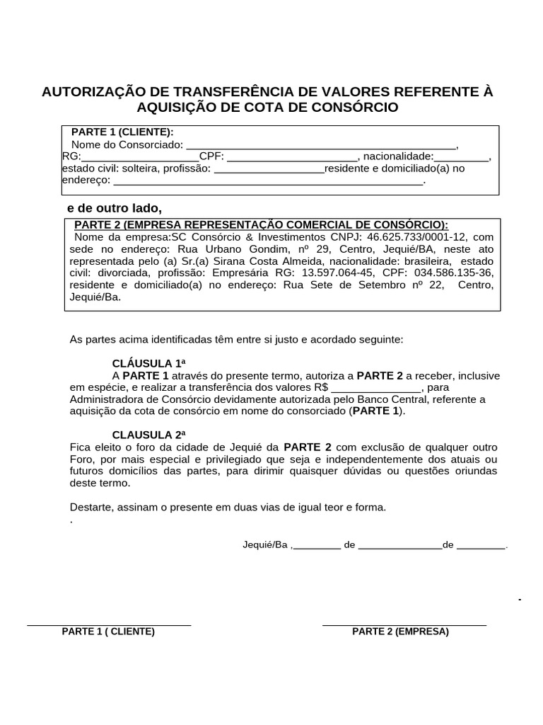 Autorização de Transferência de Consórcio | PDF