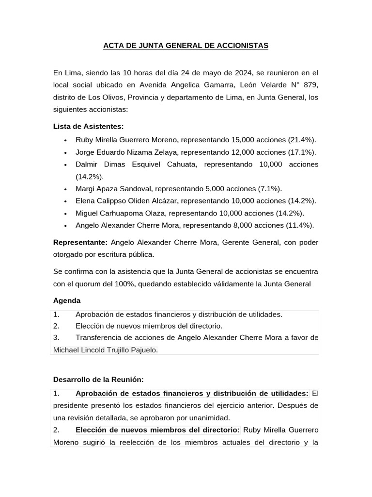 Acta Junta General Accionistas 2024 | PDF | Gobierno