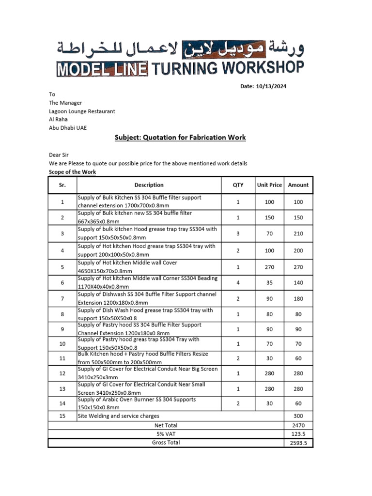 Model Line Quotation For Fabrication Works | PDF | Food And Drink ...