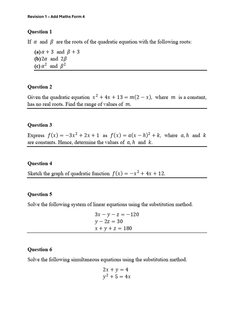 Add Maths Form 4 Revision Questions | PDF