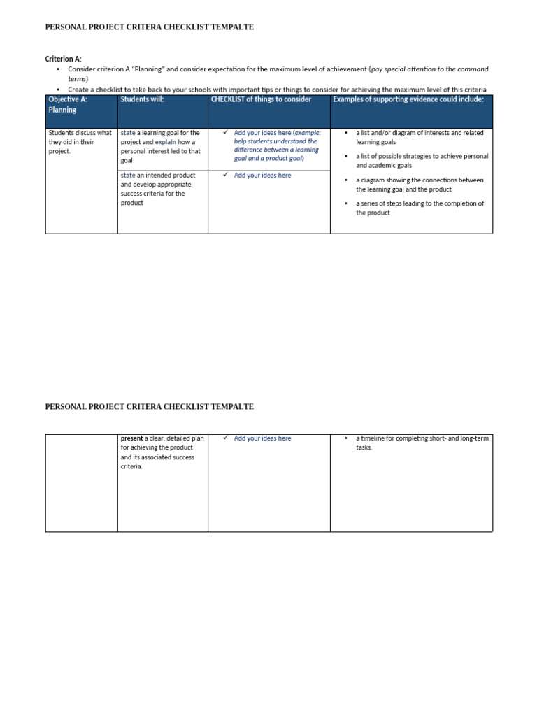 Personal Project Criteria Checklist | PDF | Goal | Learning