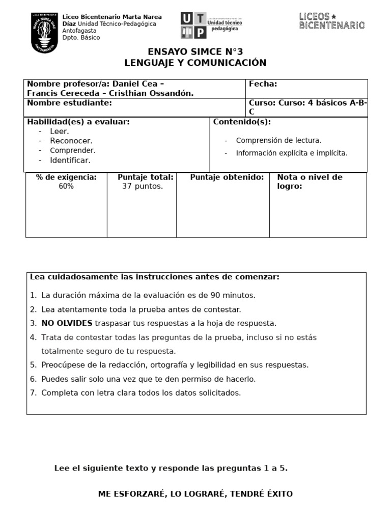 Ensayo SIMCE Lenguaje 4° Básico | PDF | Artes del Lenguaje y Comunicación