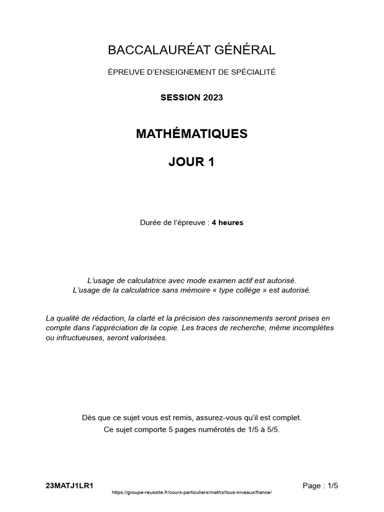 Sujet Bac Maths 2023 - Épreuve Spécialité | PDF | Limite (mathématiques ...