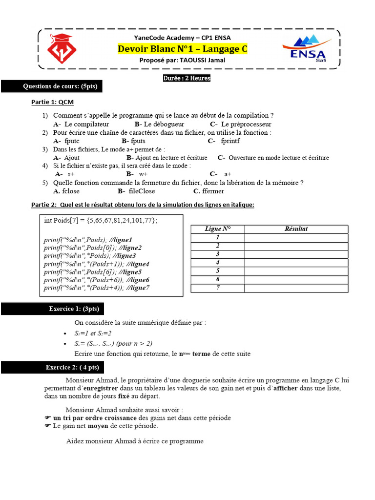 QCM et exercices en langage C | PDF | C (Langage de programmation ...