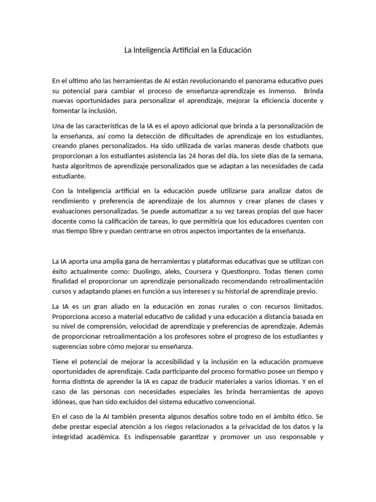 Impacto de la IA en la Educación Actual | PDF | Inteligencia artificial ...