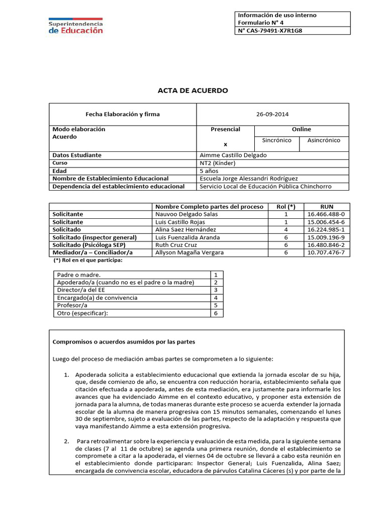 Formulario N 4 Acta de Acuerdo | PDF | Mediación | Educación de la ...