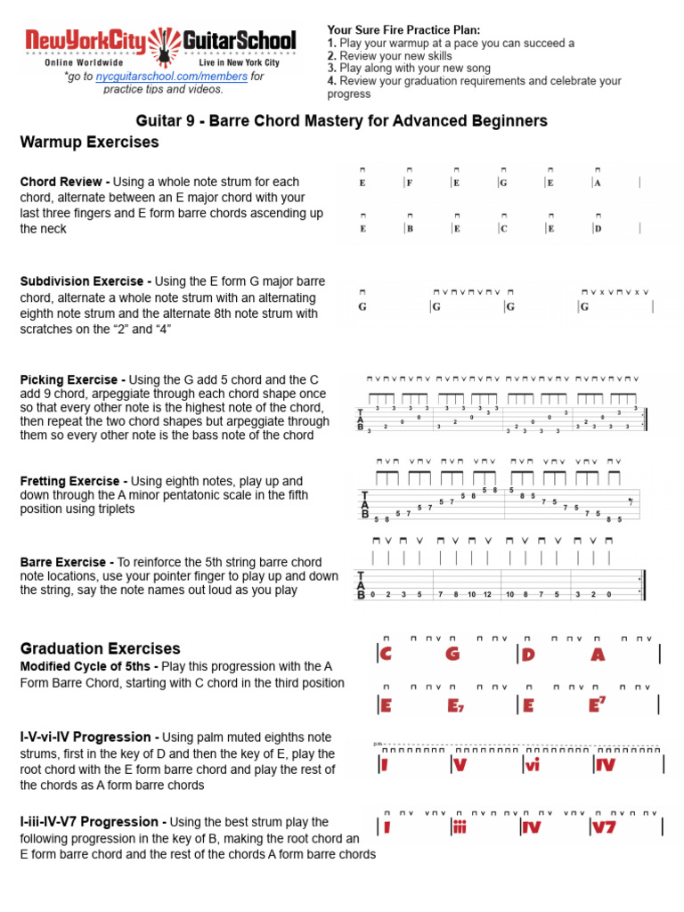 Guitar 9 Barre Chord Mastery For Advanced Beginners Handout | PDF