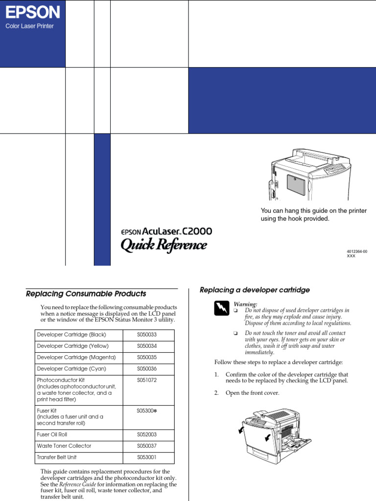 Epson Aculaser c2000 Quick Reference | PDF | Printer (Computing ...