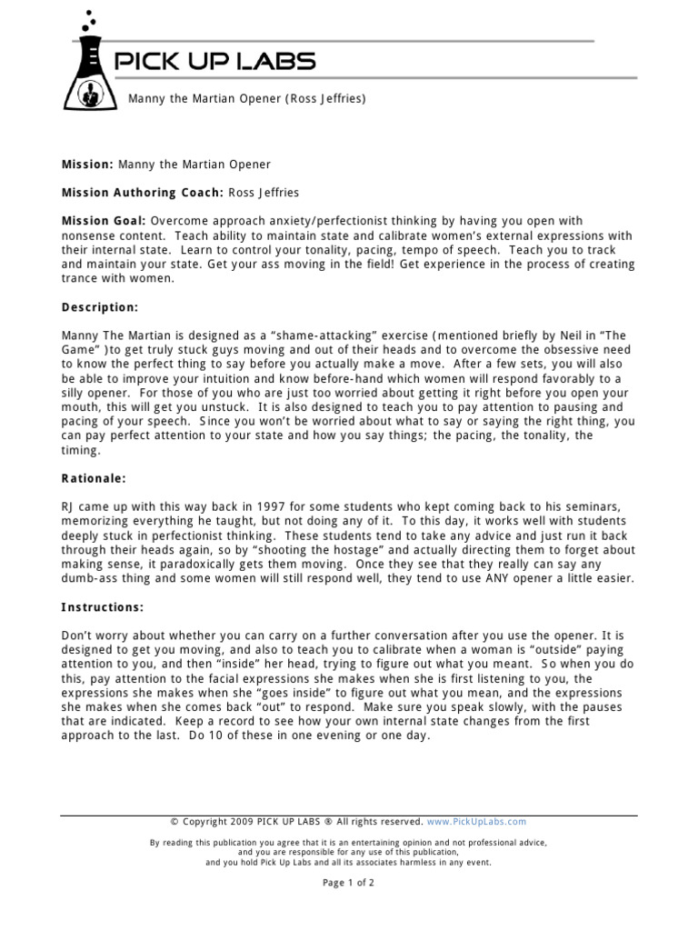 Manny The Martian Opener (Ross Jeffries) Mission ... - Pick Up Labs ...