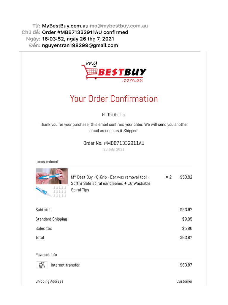 Order #MBB71332911AU Confirmed | PDF | Payments